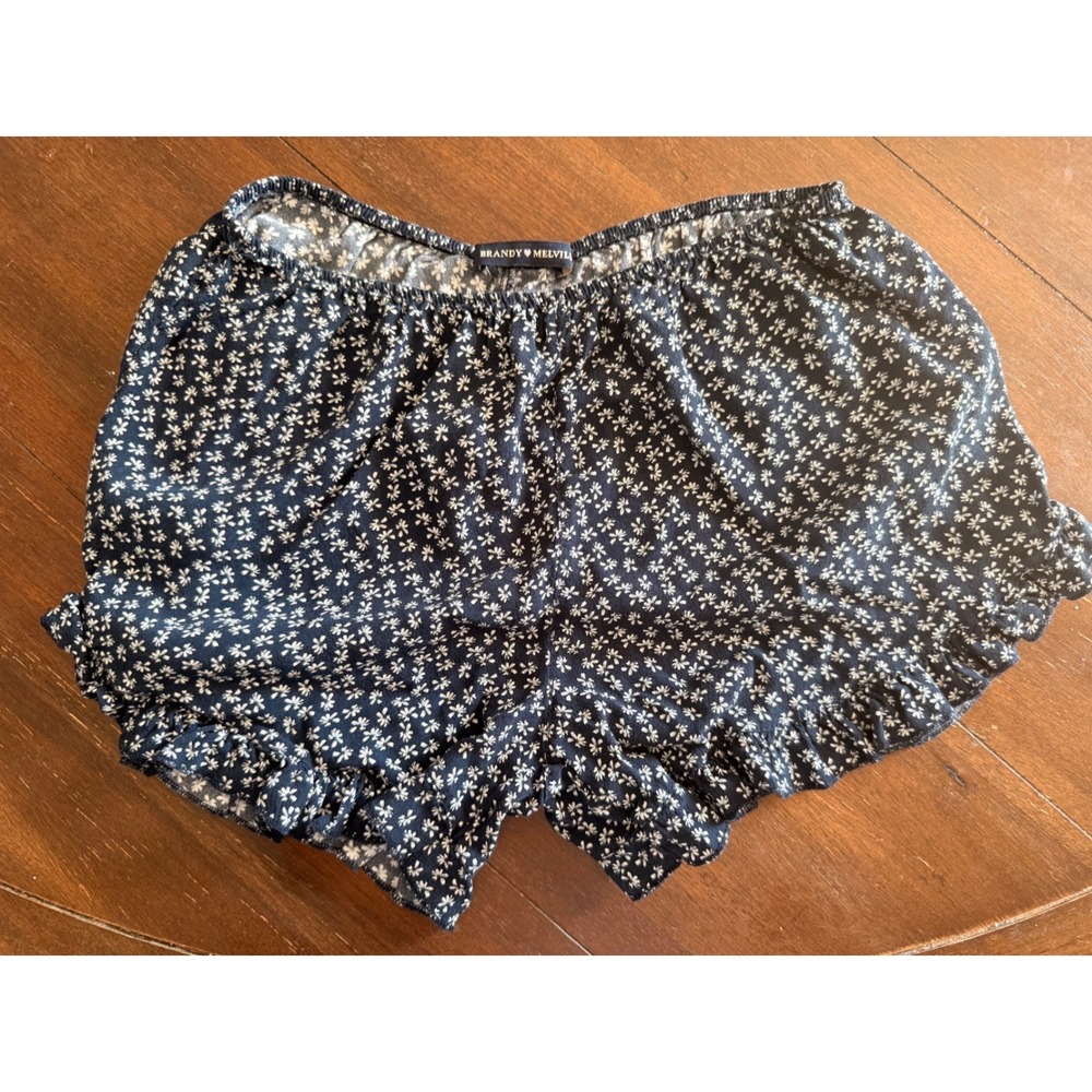 Brandy Melville Navy Floral Flirty Ruffle Hem Shorts Daisy Print One Size